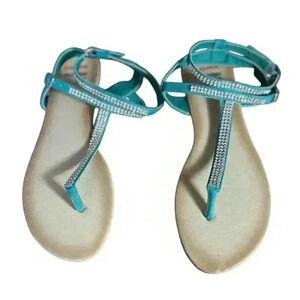 Alpine Swiss Turquoise Rhinestone Gladiator Sling Back Flip Flop Sandals 9 Nice!